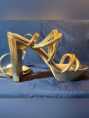 JustFab - Bristol - Metallic Gold Strappy Platform Block Heel Sandals